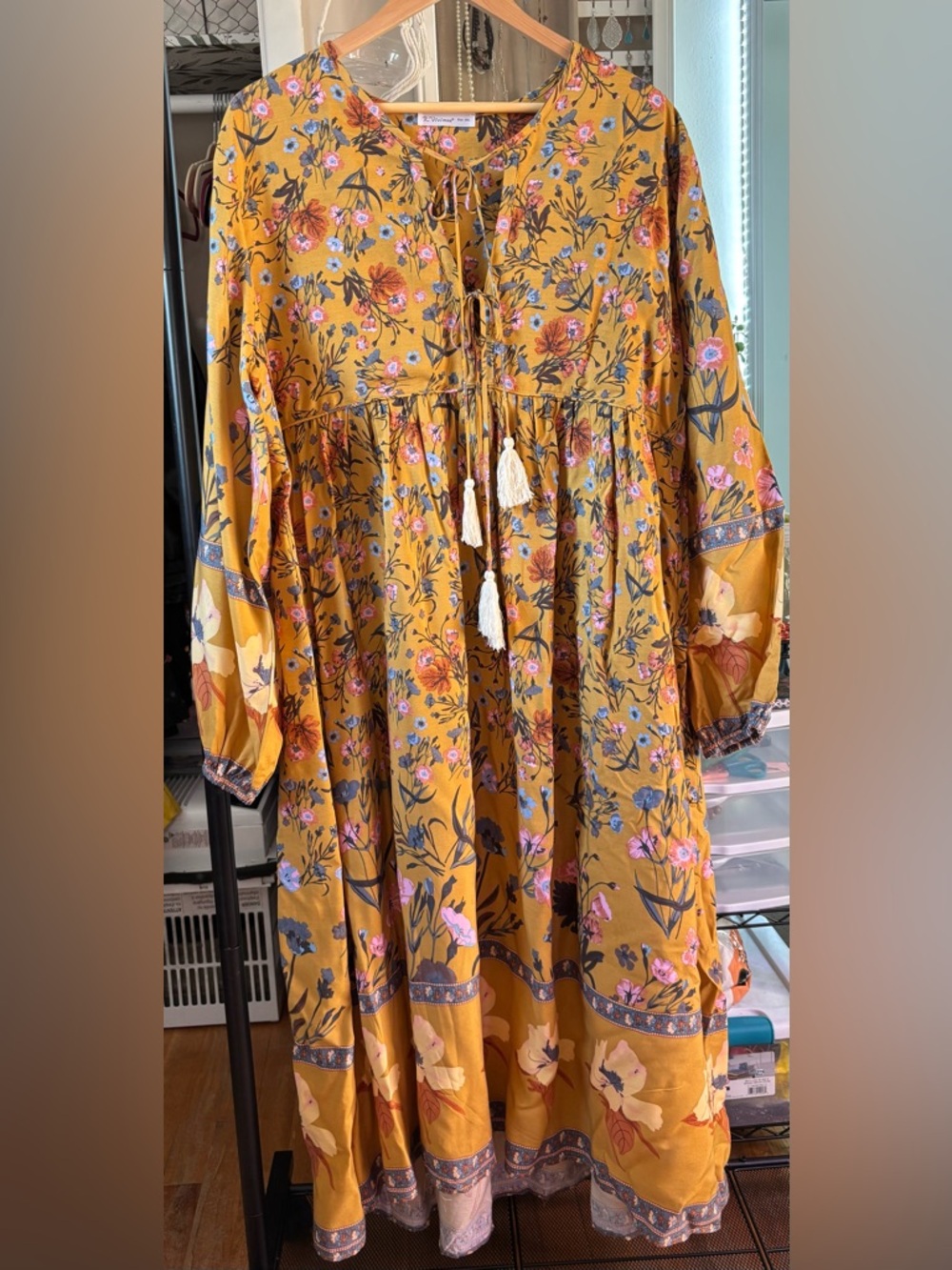Mustard Floral Long Sleeve Maxi Dress with Tassel Tie